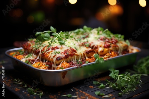 Fresh lasagna served at a street food festival in Rome, with animated crowds and colorful lights., generative IA