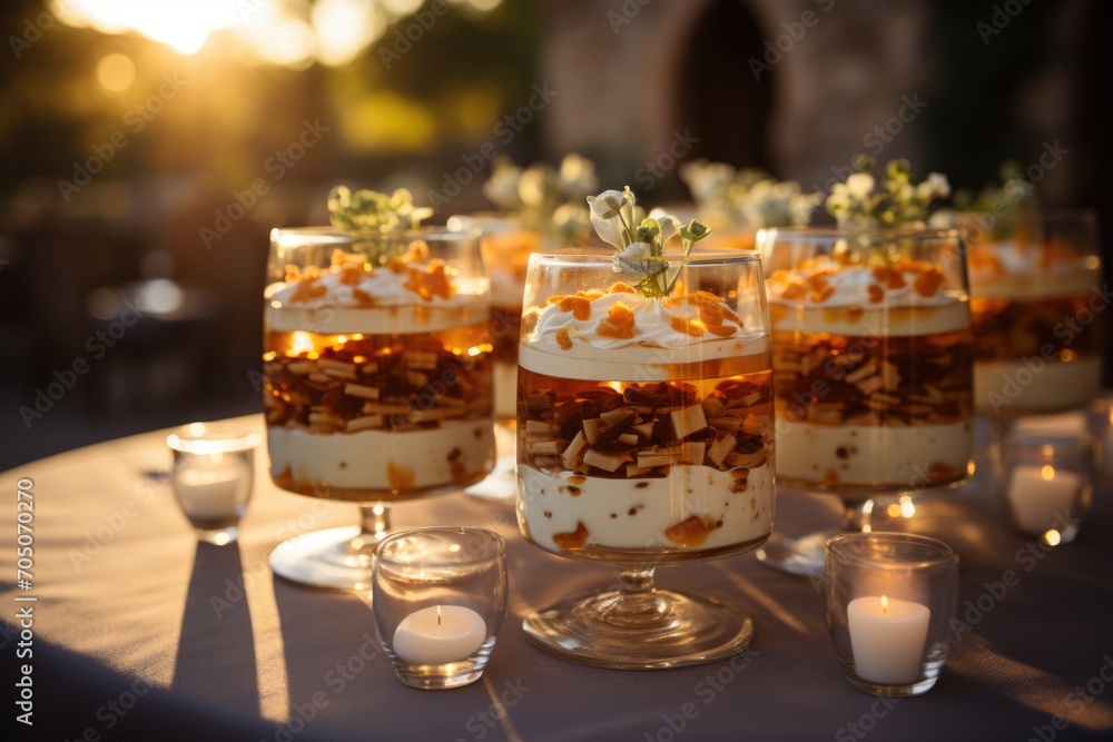Panna Cotta in a marriage celebration in a Tuscan vineyard, with elegance and happiness in the air., generative IA