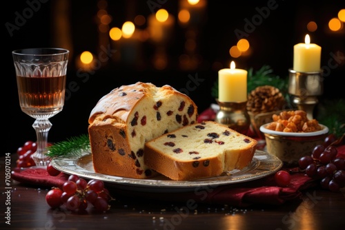 Panettone at Christmas at a festive table with Christmas tree and flashing lights., generative IA