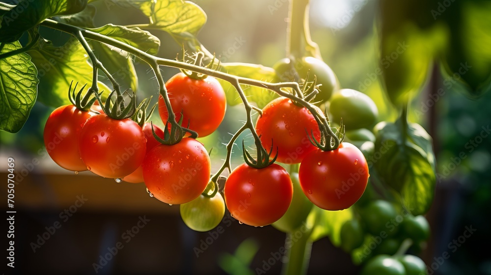 Ripe red tomatoes in greenhouse with varying ripeness clusters, lush foliage, diffused light Ripe red tomatoes in greenhouse with varying ripeness clusters, lush foliage, diffused light