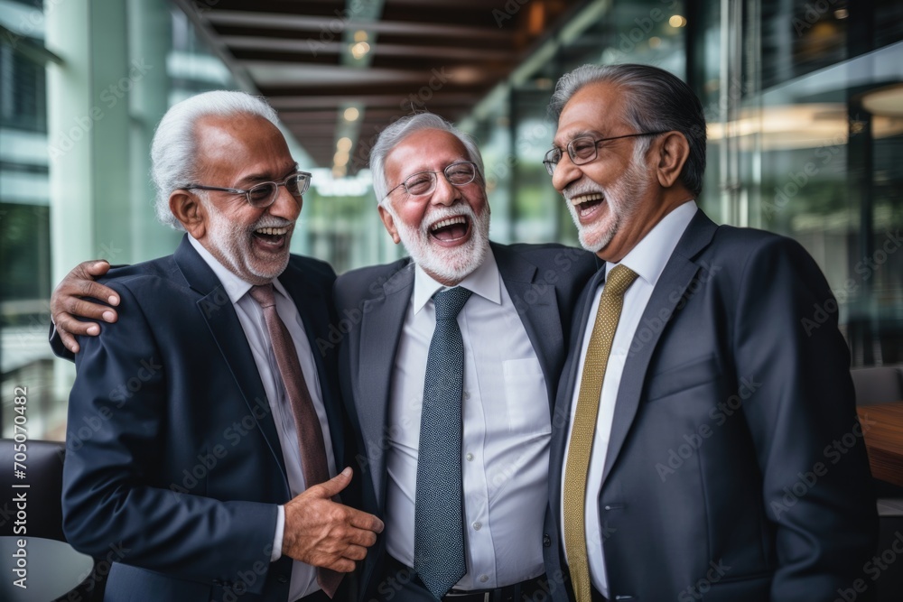 Three senior businessmen laughing together in a corporate office background Three senior businessmen laughing together in a corporate office background