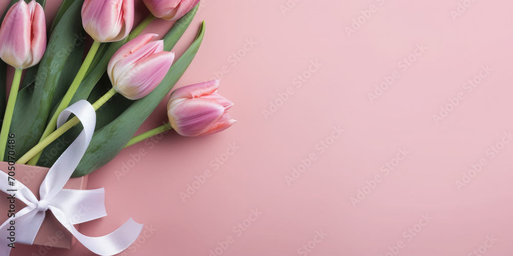 Bunch of tulips, holiday gift box on a pink background. There is empty space on the side of the photo for text and advertising. Holiday banner.Flat lay. Top view