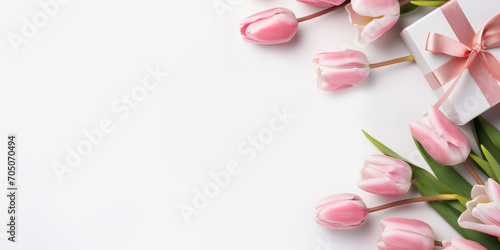 Bunch of tulips, holiday gift box on a white background. There is empty space on the side of the photo for text and advertising. Holiday banner.Flat lay. Top view © syhin_stas