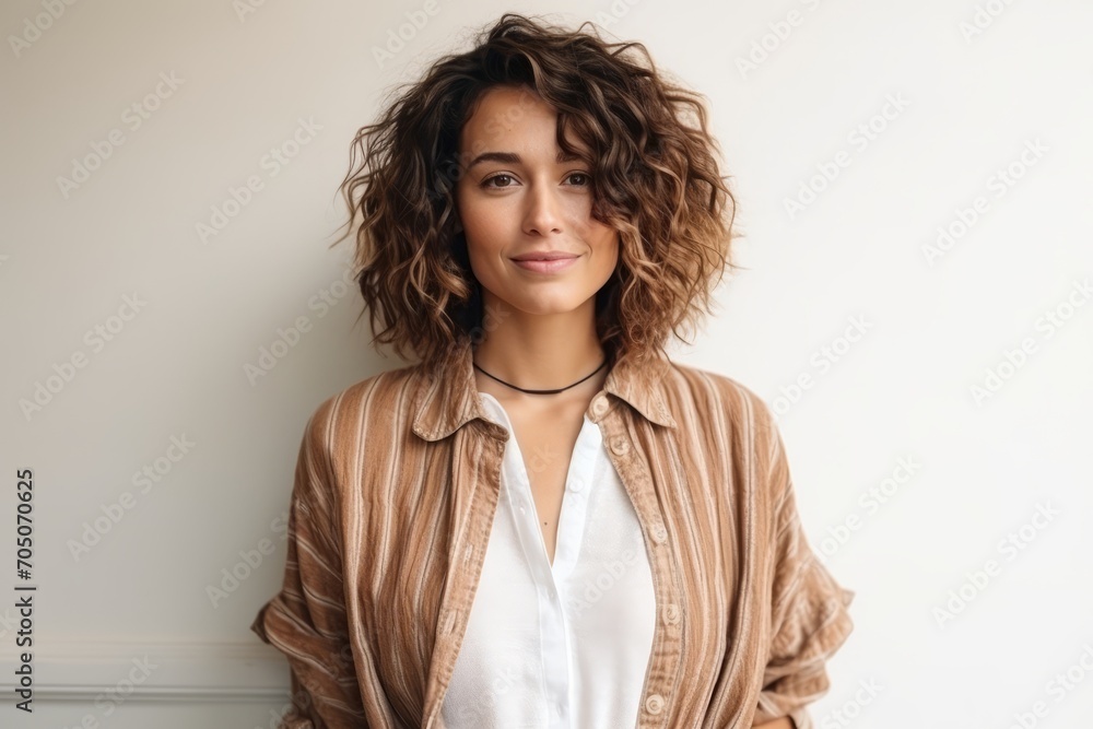 Portrait of a beautiful young woman with curly hair against white wall Portrait of a beautiful young woman with curly hair against white wall