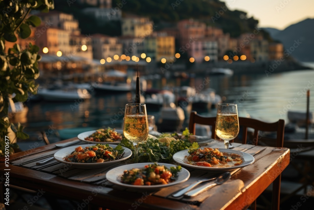 Genoese pesto at an outdoor dinner in Portofino, with sparkling yachts in Porto., generative IA