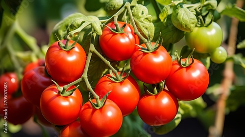 Vibrant red tomatoes in greenhouse with lush foliage, varying ripeness, and natural light