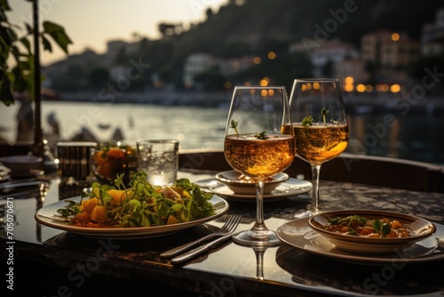 Genoese pesto at a sea dinner in Portofino, with luxurious yachts., generative IA