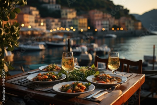 Genoese pesto at an outdoor dinner in Portofino, with sparkling yachts in Porto., generative IA photo