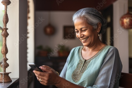A  senior woman of Indian ethnicity with smiling face having a communication through mobile phone