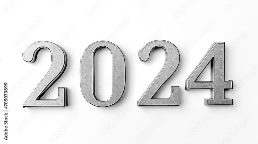 Silvester New Year, New Year's Eve 2024 party event celebration holiday greeting card template - Closeup of silver glittering metal metallic 3d year number, isolated on white background. Silvester New Year, New Year's Eve 2024 party event celebration holiday greeting card template - Closeup of silver glittering metal metallic 3d year number, isolated on white background.