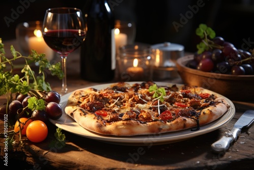 Funghi pizza in a wines celebration in a winery in the umbria, with mature grapes., generative IA