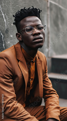 Fashionable African Male Model Poses in a Stylish Brown Suit and Trendy Glasses, Exuding Confidence and Sophistication in a Portrait.
