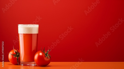 Tomato juice in glass on wooden table with red background, creating a vibrant and inviting scene © Ilja