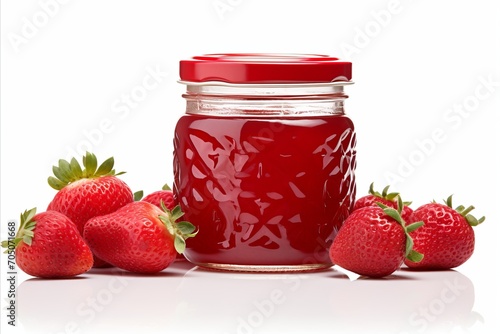 Mouthwatering strawberry jam showcased on clean white background with room for text placement