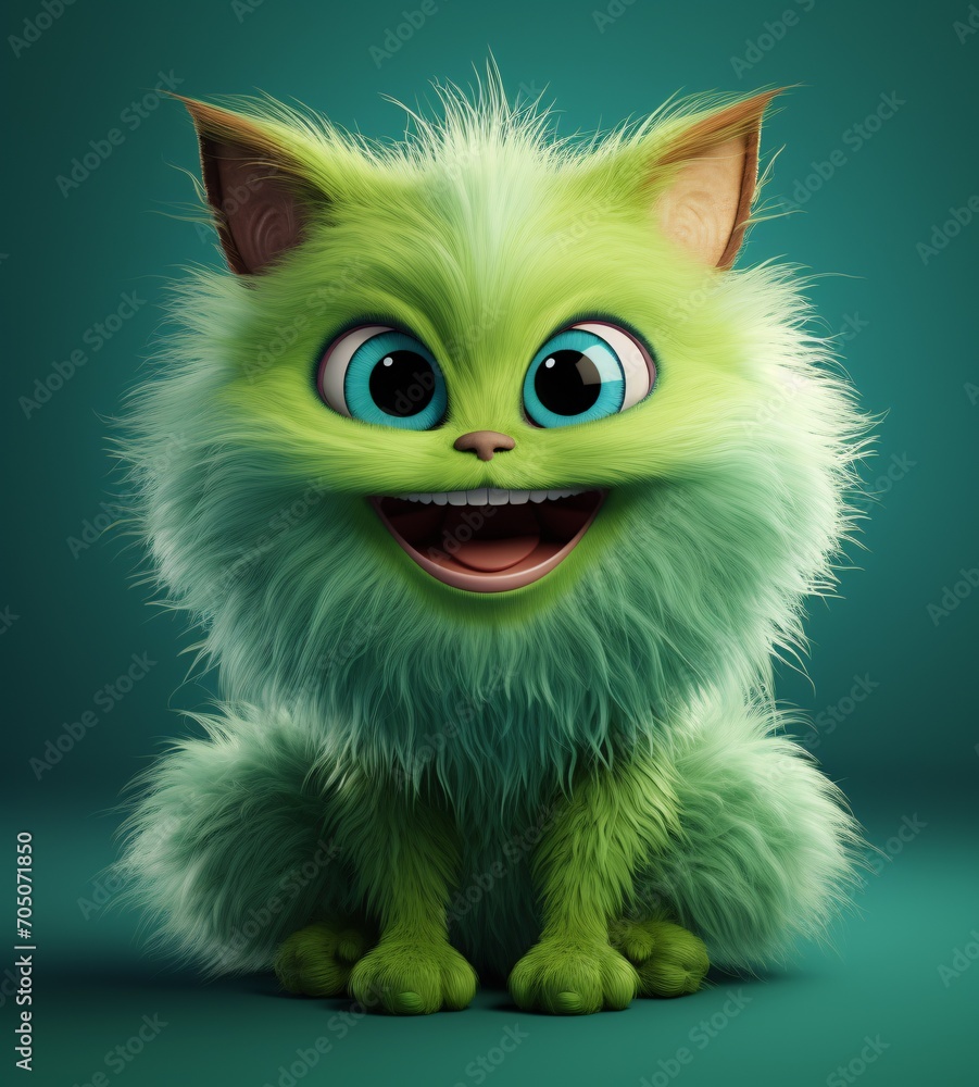 A cartoon green cat with a big smile and a big tongue Generative AI