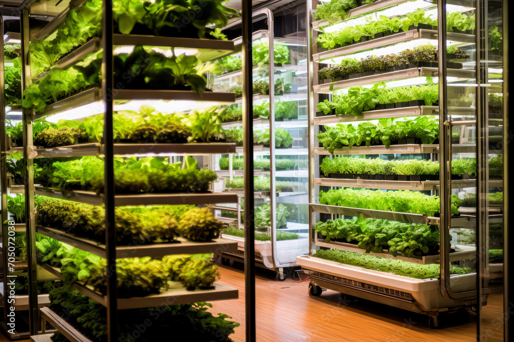 Vertical beds in home greenhouse with plant lighting. A dynamic stock photo illustrating innovative gardening for efficient and thriving plant growth