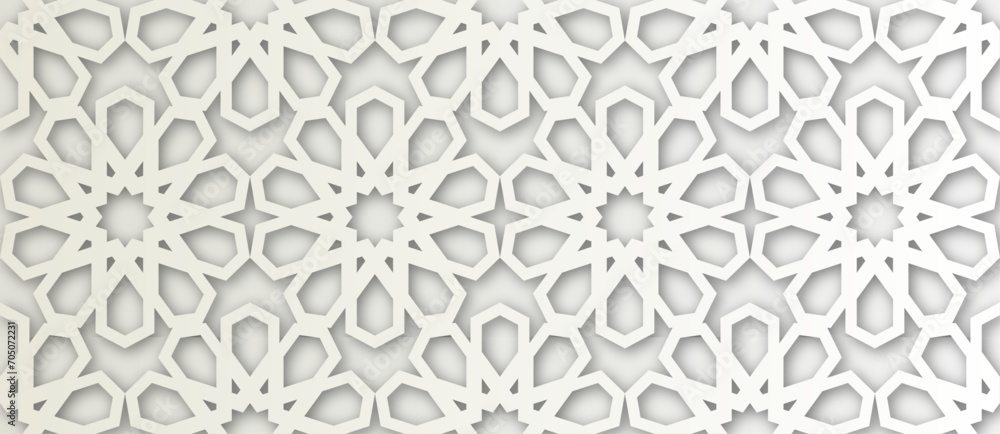 Fototapeta premium Islamic Ornament Vector. White soft grey background. Light shadow 3d ramadan eid arabic geometric pattern elements motif.
