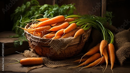 Freshly picked carrot harvest in rustic basket on earthy soil background   canon 5d mark iv f5.6 photo