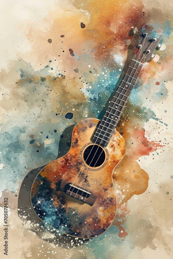 A beautiful watercolor painting of an acoustic guitar. Perfect for music lovers or musicians looking to add a touch of art to their space