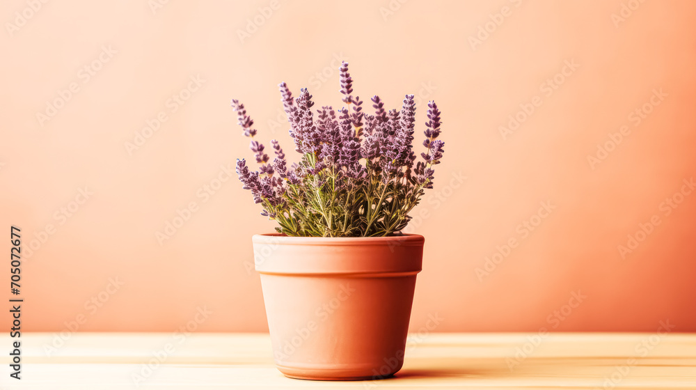 Fototapeta premium Lavender in a clay pot, close-up. A serene stock photo capturing the beauty of summer flowers, perfect for tranquil and natural concepts