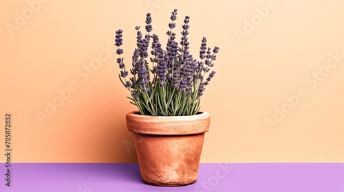 Lavender in a clay pot, close-up. A serene stock photo capturing the beauty of summer flowers, perfect for tranquil and natural concepts