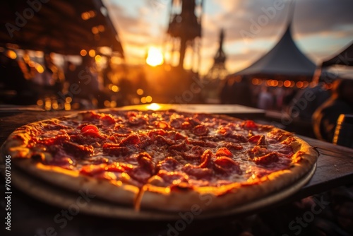 Pizza de Pepperoni at a music festival in Verona, with a historic arena as a scenario., generative IA