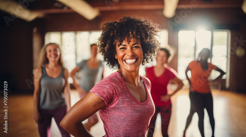 Middle-aged women enjoying a fun class in a dance sports group, expressing their active lifestyle through Zumba, and in front of them all is one woman who smiles genuinely, radiating health photo