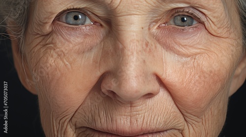 Portrait closeup old grandma's or grandmother face with wrinkles skin. AI generated image photo