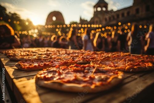 Pizza de Pepperoni at a music festival in Verona  with a historic arena as a scenario.  generative IA