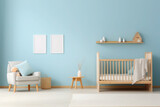 Minimalistic newborn baby room with light blue walls