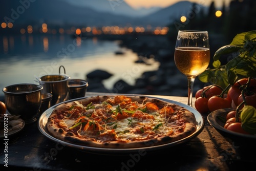 Pizza Margherita in a restaurant by the lake in Garda, with reflections on the water and mountains., generative IA photo