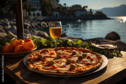 Pizza Margherita in a restaurant by the lake in Garda, with reflections on the water and mountains., generative IA