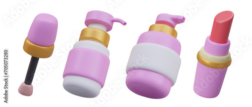 Collection of realistic care and decorative cosmetics. Pump bottle, spray, lipstick, makeup brush, nail polish. Category of goods for women. Vector mockups