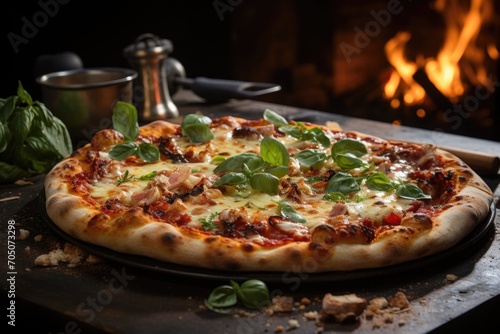 Pizza Margherita freshly sought from the oven in a traditional pizzeria, with an irresistible wood oven and smell., generative IA