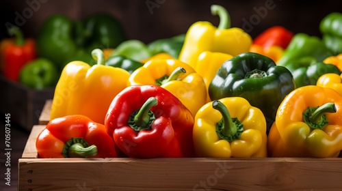 Assorted bell peppers in rustic wooden crate under natural daylight, canon 6d, aperture f8 photo