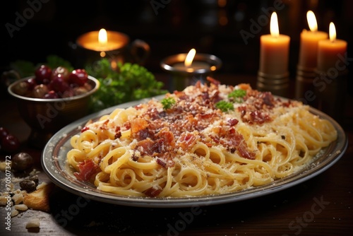 Carbonara spaghetti dish in a welcoming Italian restaurant, with lit candles and soft music., generative IA