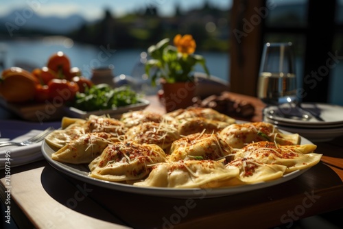 Ravioli stuffed with cheese at a lunch by the lake as, with sail boats in the background., generative IA