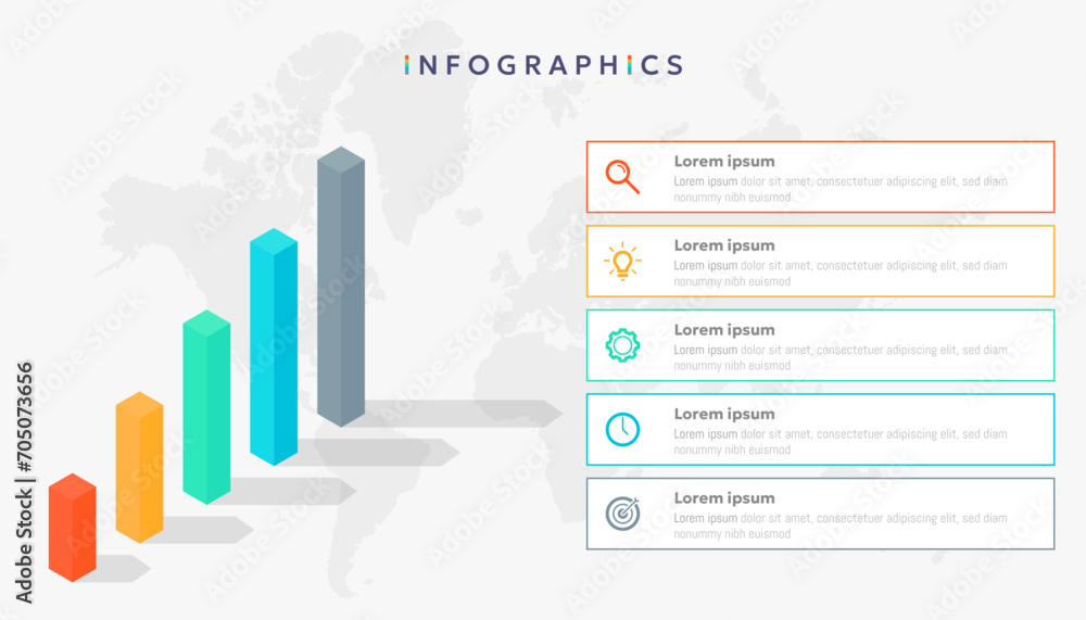 Icon business infographic with 5 steps and isometric bar chart elements. Icon business infographic with 5 steps and isometric bar chart elements.