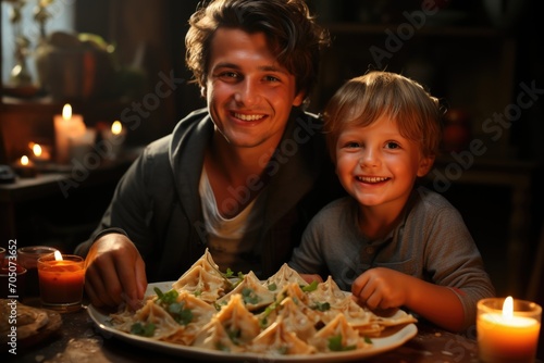 Ravioli stuffed with cheese at a family dinner  with children and laughter at the table.  generative IA