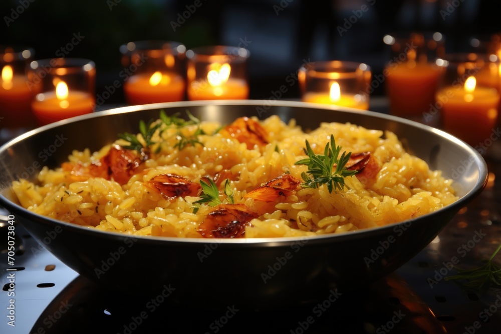 Safron risotto at a summer party on the edge of the pool on the amalfitan coast with flashlights at night., generative IA