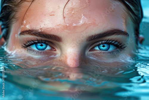 Nahaufnahme einer Frau mit blauen Augen im Wasser