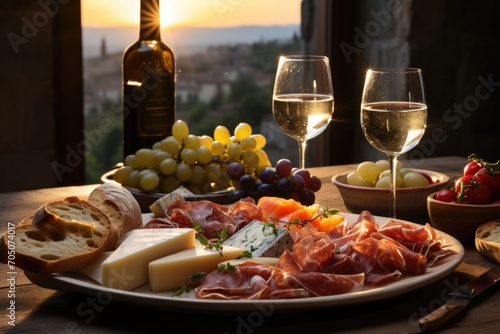 Cheese board and Italian ham in a Umbria winery, with gold vineyards., generative IA