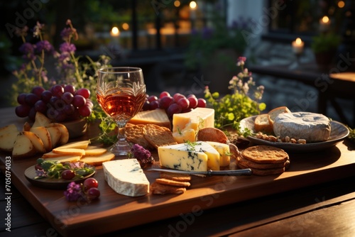 Cheese board at a family dinner on the porch of a country house with flowered garden., generative IA