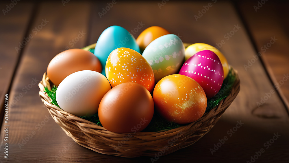 Baskets with Easter colored eggs on a wooden antique table, generative artificial intelligence Baskets with Easter colored eggs on a wooden antique table, generative artificial intelligence