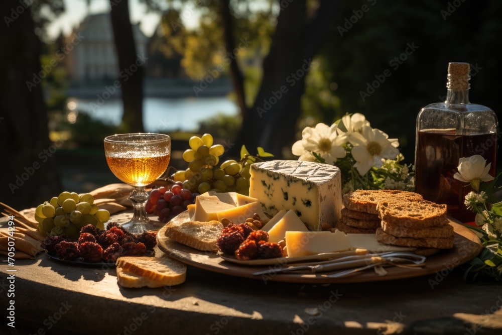 Cheese board in a picnic in a park in Rome, with historical monuments around., generative IA