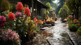 A garden at the old Chinese house in bloom during April showers, with raindrops on flowers and foliage.