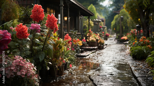 A garden at the old Chinese house in bloom during April showers, with raindrops on flowers and foliage.