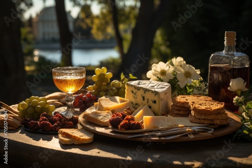 Cheese board in a picnic in a park in Rome  with historical monuments around.  generative IA