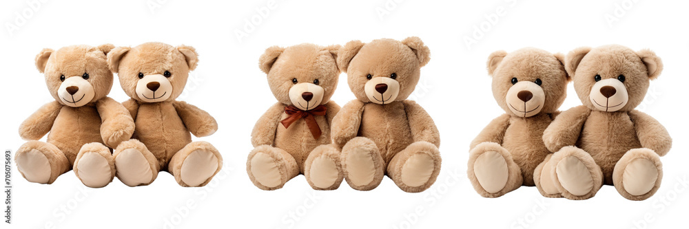 Two teddy bears sit together. Kids toys slated on white background