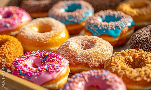 a selection of carnival donuts in  colored donut box  photo